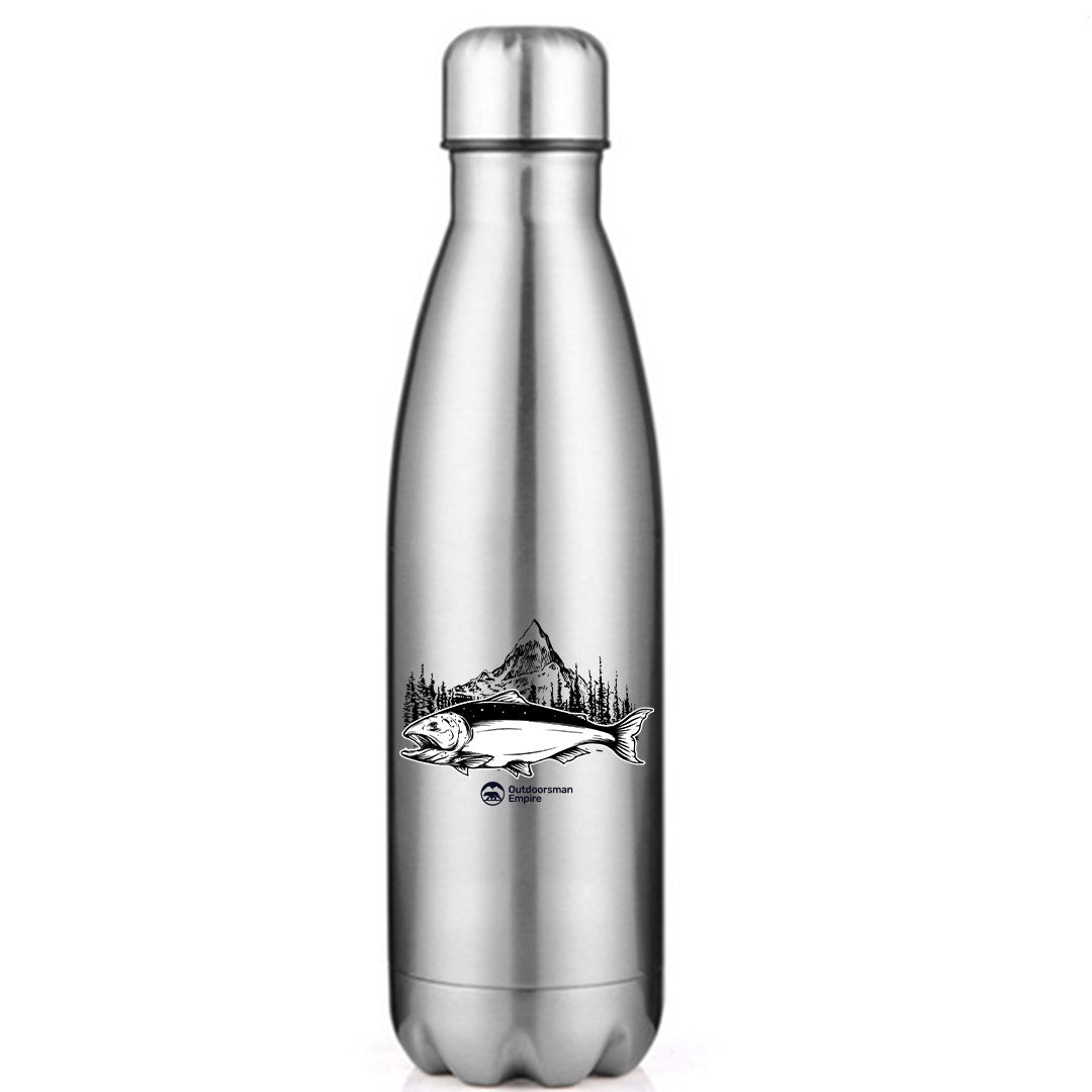 Fishing Mountain Stainless Steel Water Bottle in vibrant colors, showcasing its unique bowling pin shape and leak-proof cap.